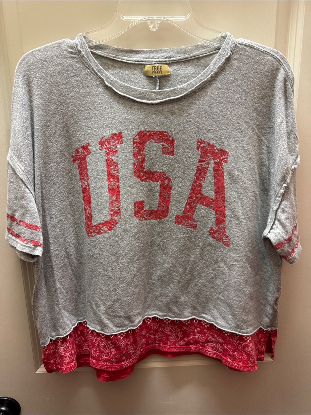 True Craft Gray Short Sleeve Tee with Red USA Print